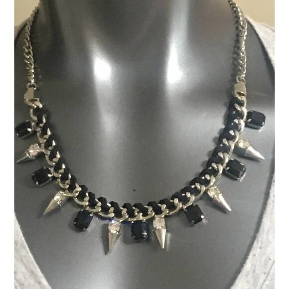 Black Ribboned Chain Necklace, Silver Tone Spikes, Rhinestones And Black Jewels - Picture 1 of 3